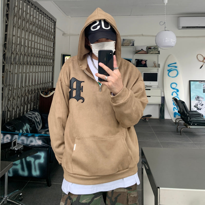 F3F Select B Logo Embroidered Suede Half Zip Hoodie