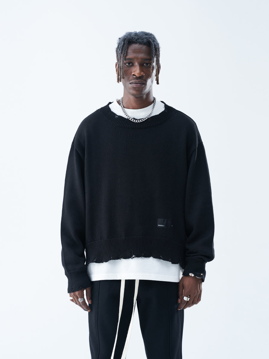 Harsh and Cruel Patch Label Distressed Knit Sweater