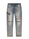 F2CE Destruction Embroidered LOGO Straight Denim Jeans Pants
