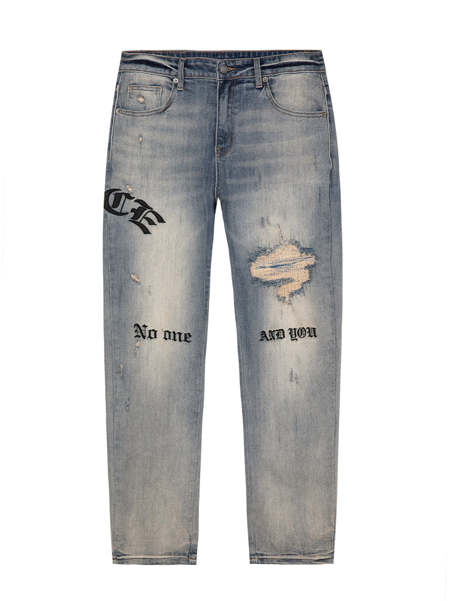 F2CE Destruction Embroidered LOGO Straight Denim Jeans Pants