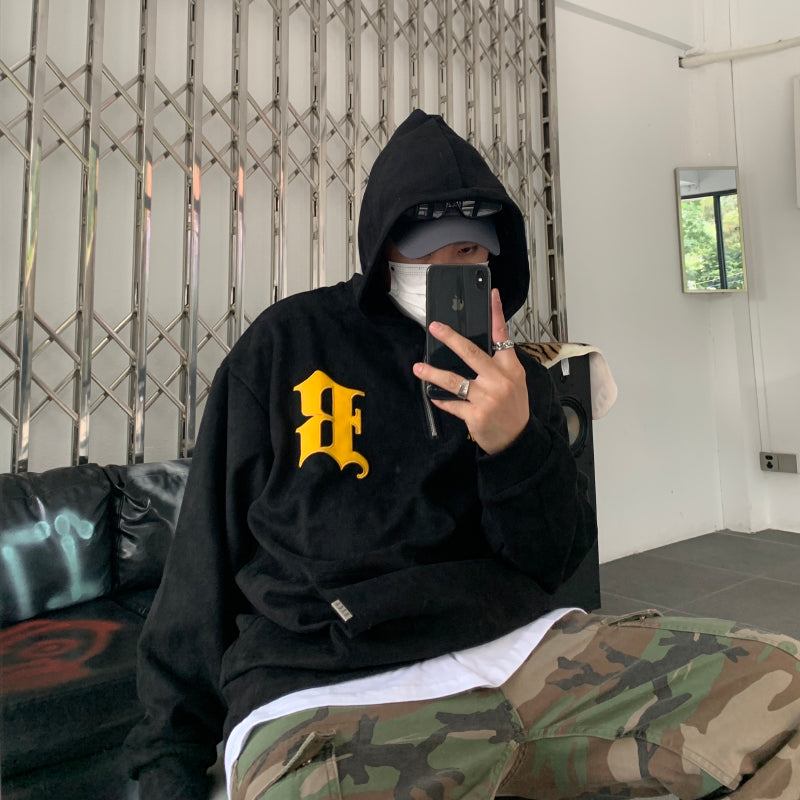 F3F Select B Logo Embroidered Suede Half Zip Hoodie