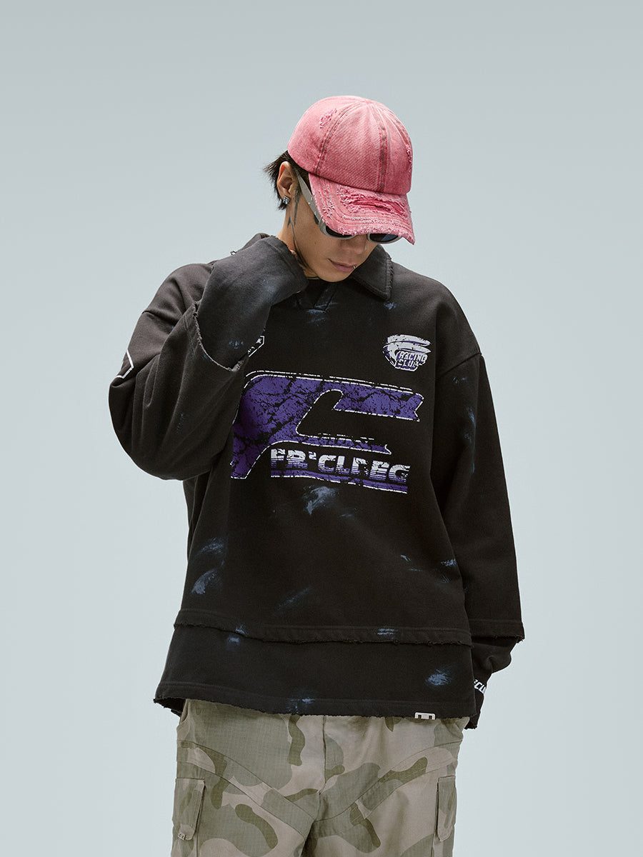 F2CE Fake Two Piece Frayed Overlay Racing Polo Sweatshirt