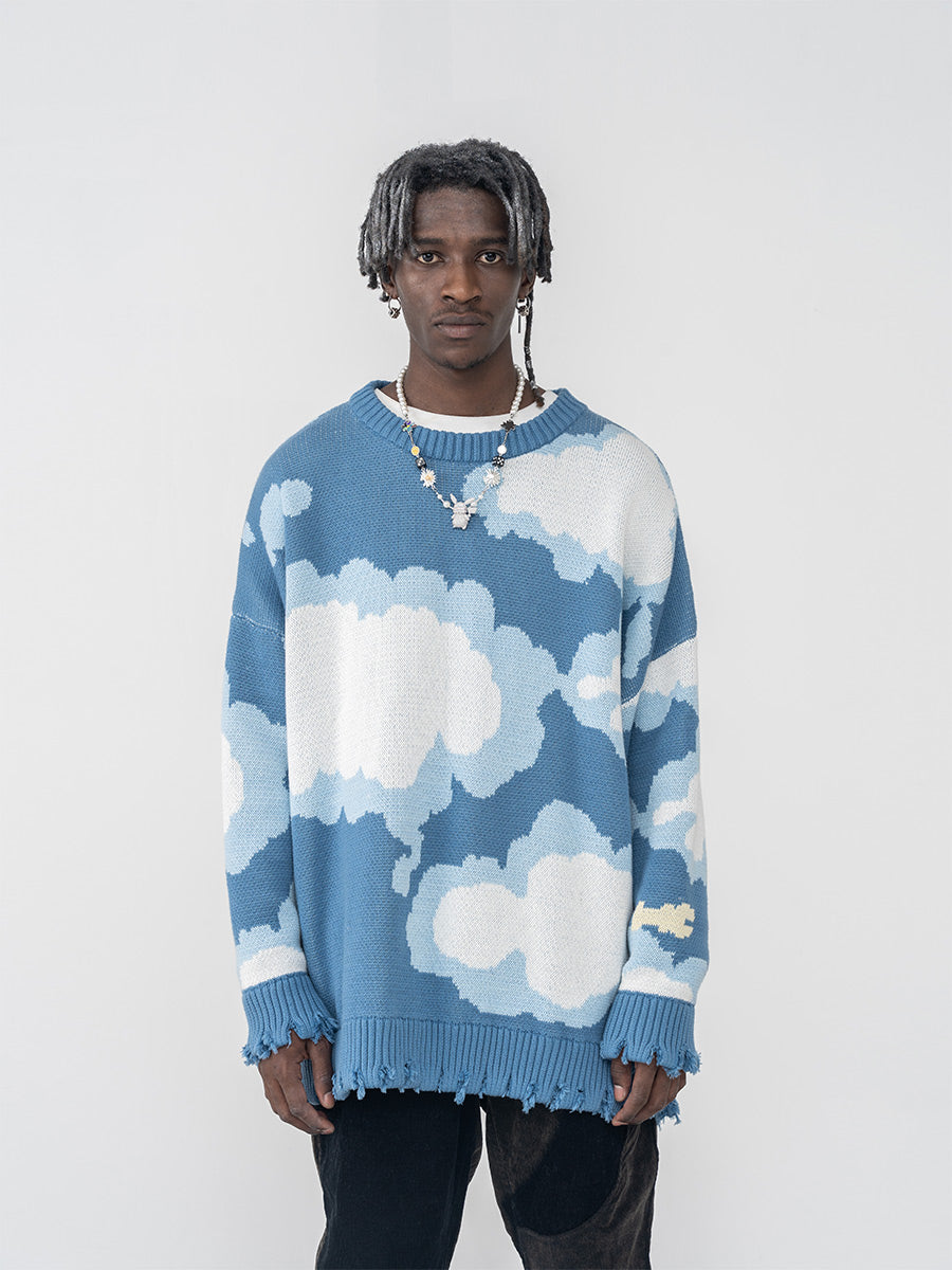 Harsh and Cruel Blue Sky Cloud Ripped Knit Sweater