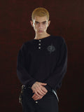 DICETINY Jacquard Leather Logo Metal Button Henry Neck Knit Sweater