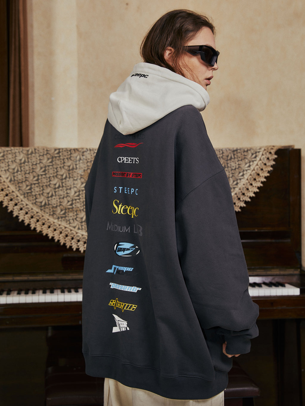 STEEPC Patchwork Turtleneck Two Tone Logo Print Hoodie