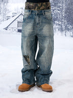 YADcrew Camouflage Splicing Double Waistband Baggy Jeans