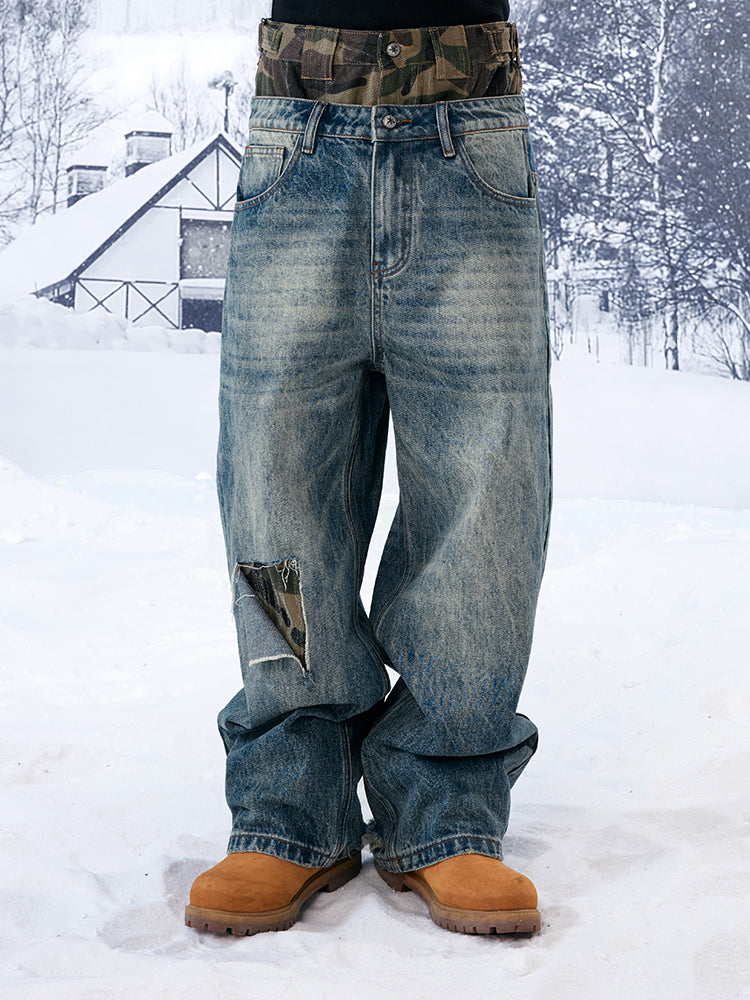 YADcrew Camouflage Splicing Double Waistband Baggy Jeans