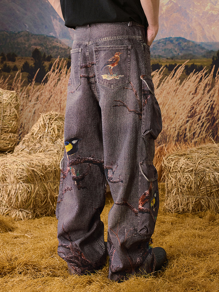 YADcrew Autumn Forest Tree Branch Print Baggy Cargo Jeans