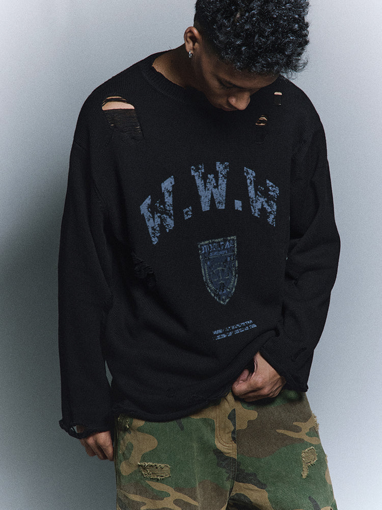 ANTIDOTE Hole Breaking Badge Printed Knit Sweater