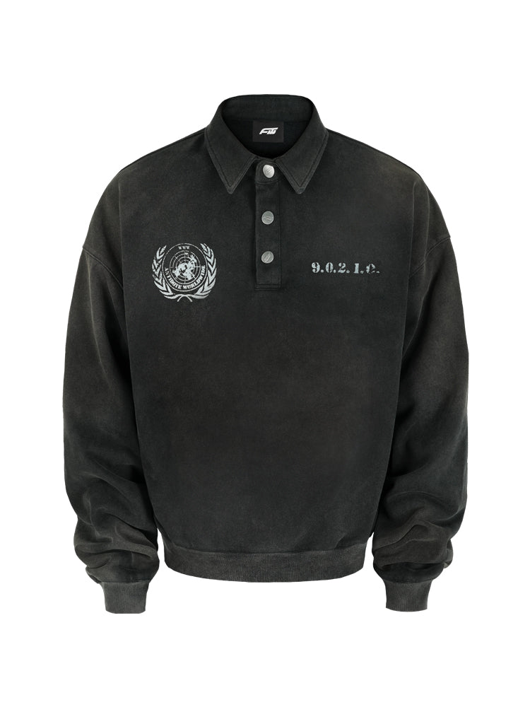 ANTIDOTE Badge Printed Washed Polo Sweatshirt