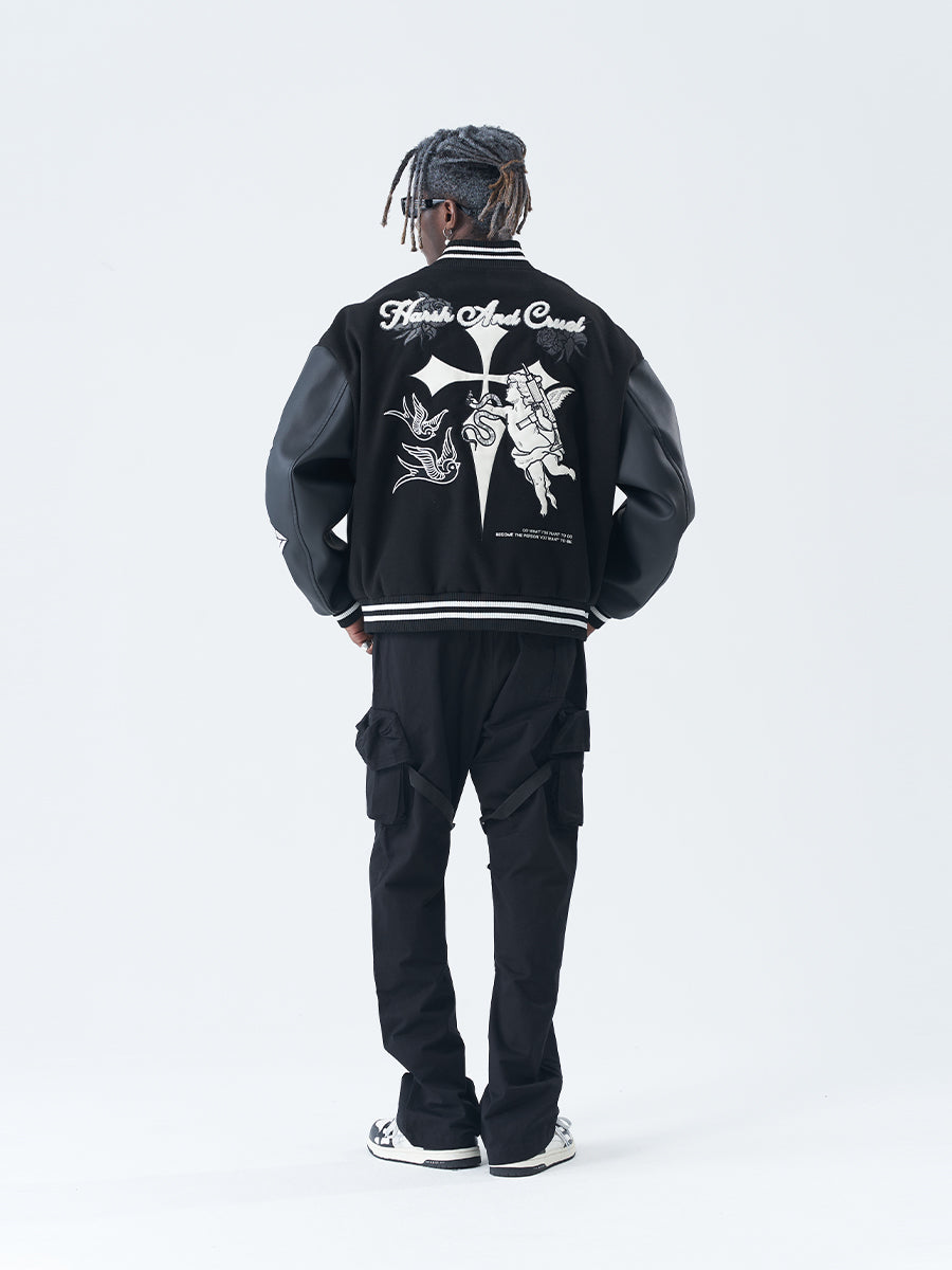 Harsh and Cruel Cross Angel Embroidered Varsity Jacket