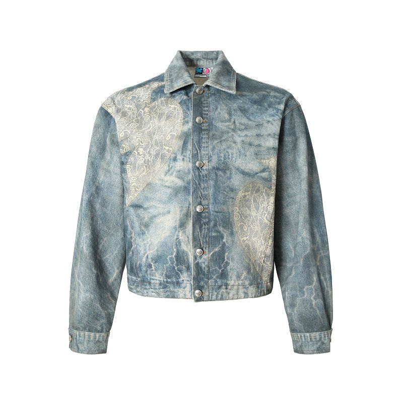YADcrew Lace Peace Dove Faux Distressed Washed Print Denim Jacket
