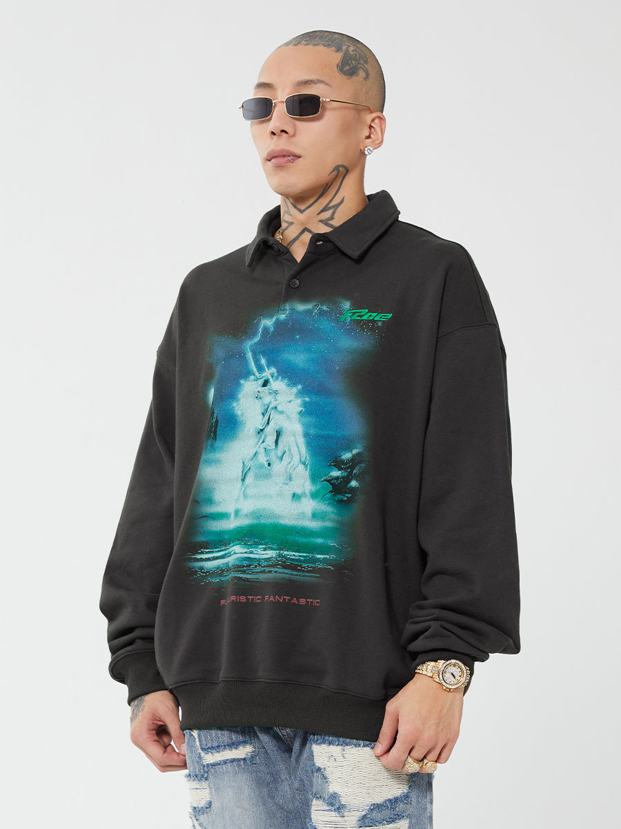 F2CE Retro Vintage Print Polo Sweatshirts
