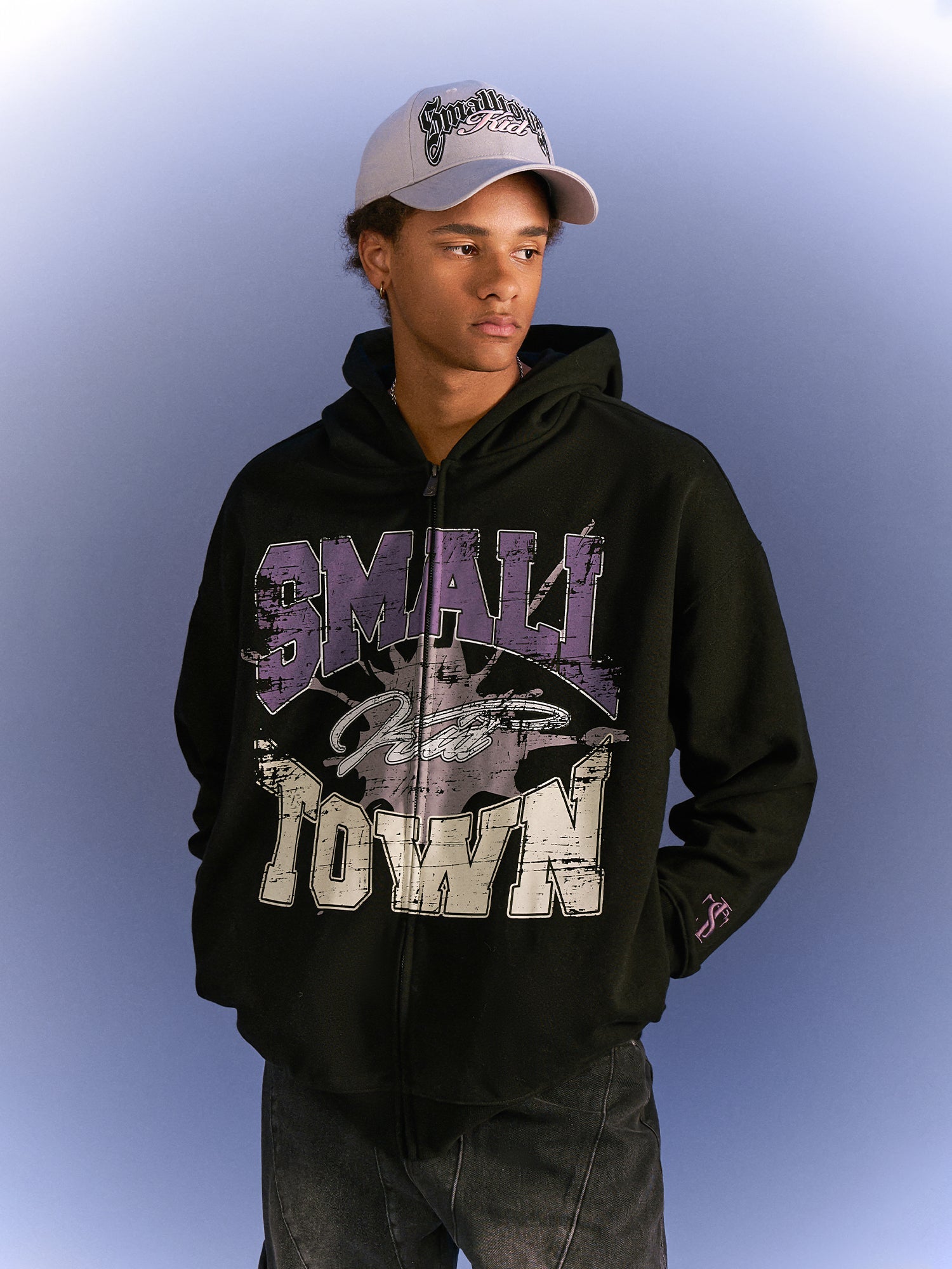 Small Town Kid Lacquered Arc Print Zip Up Hoodie