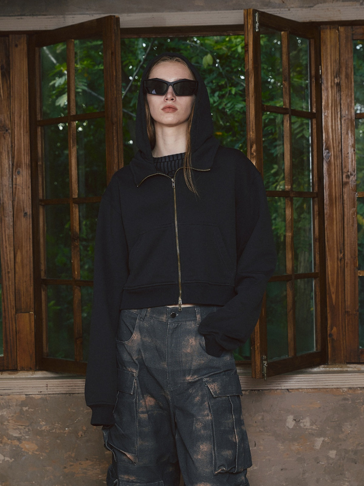 STEEPC Fake Two Piece Collar Boxy Crop Zip Hoodie