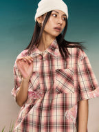 YADcrew Evening Lace Splicing Pink Plaid Short Sleeve Shirt