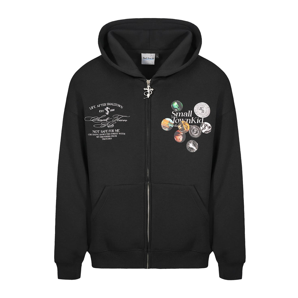 Small Town Kid Badge Logo Print Zip Up Hoodie