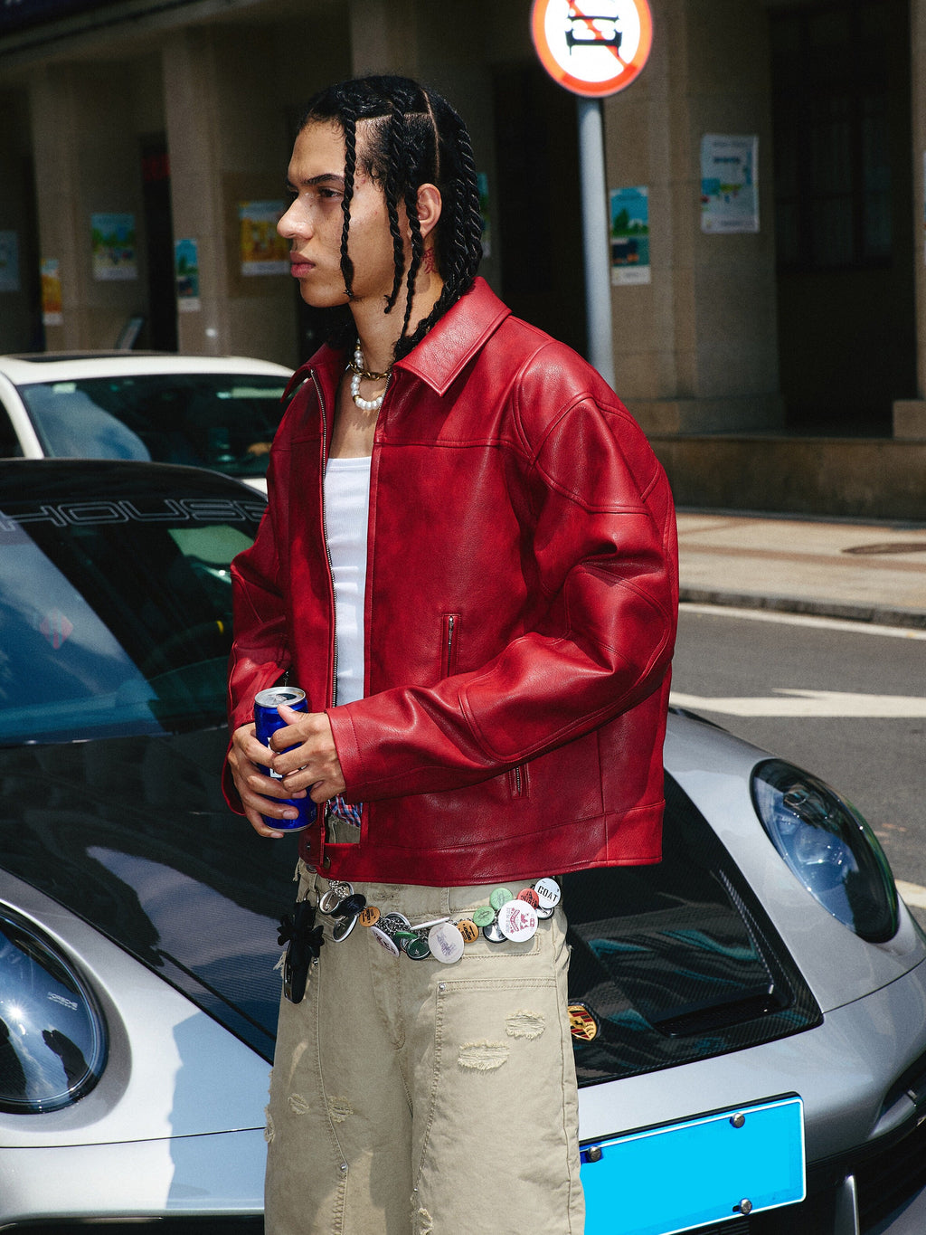 STEEPC Aged Washed Burgundy Red Short Leather Jacket