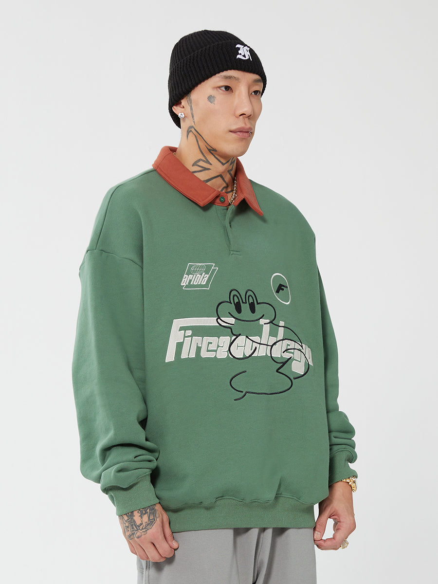 F2CE Fire 2 Cold Ego LOGO Vintage Print Polo Sweatshirts