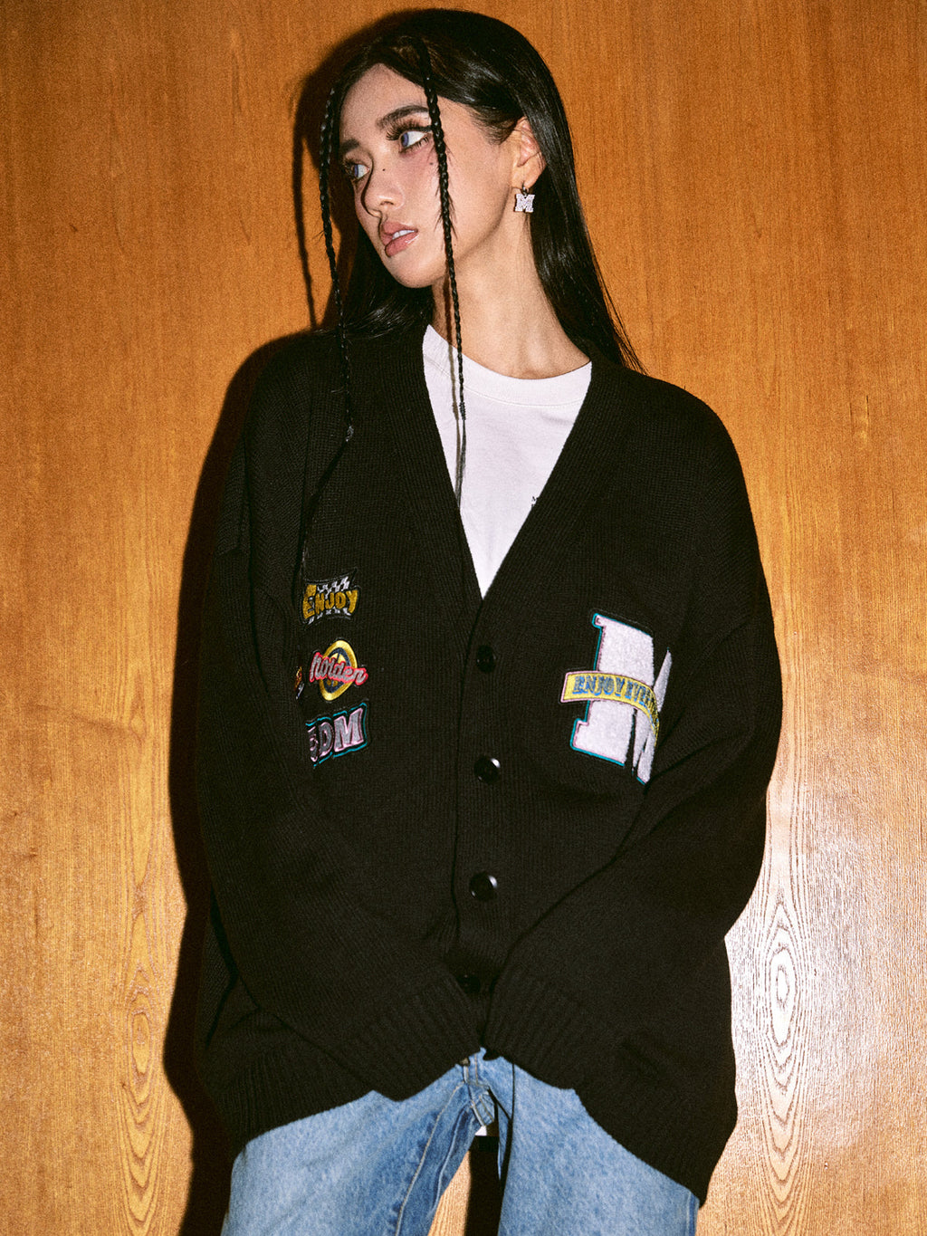 MEDM Embroidered Badge Knit Sweater Cardigan