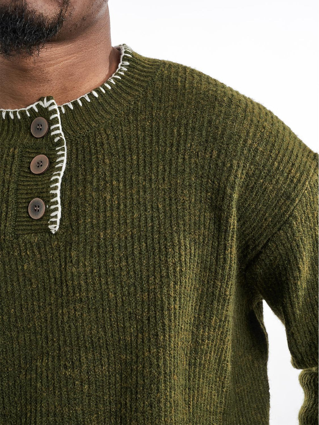 F3F Select White Stitching Henley Neck Knit Sweater