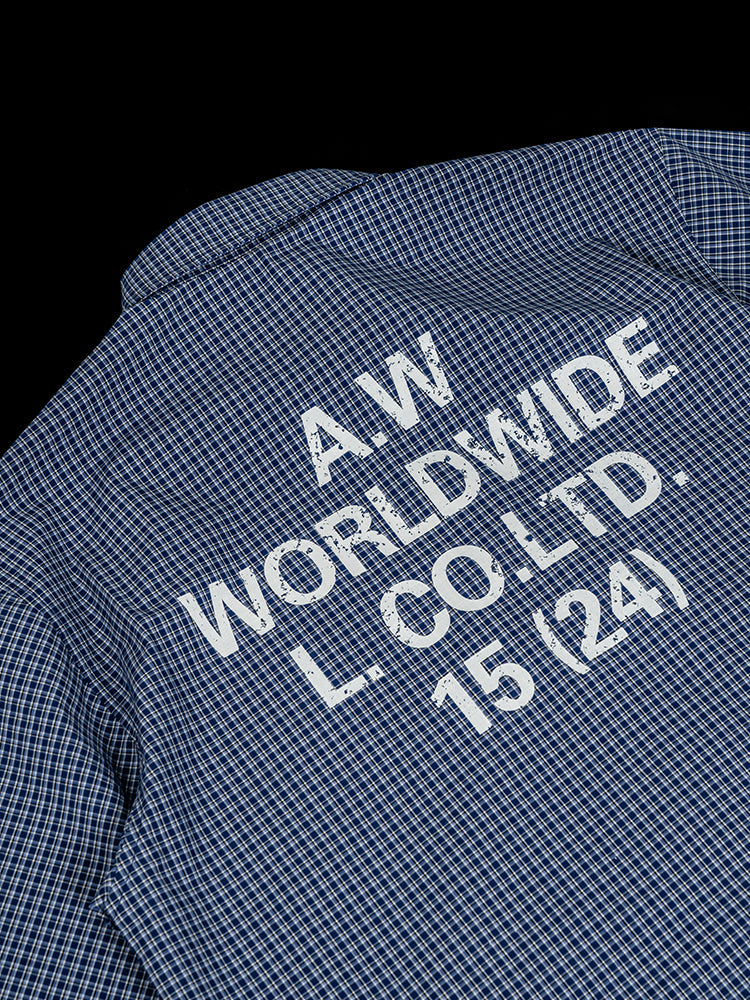 ANTIDOTE Plaid Lettering Print Short Sleeved Shirt