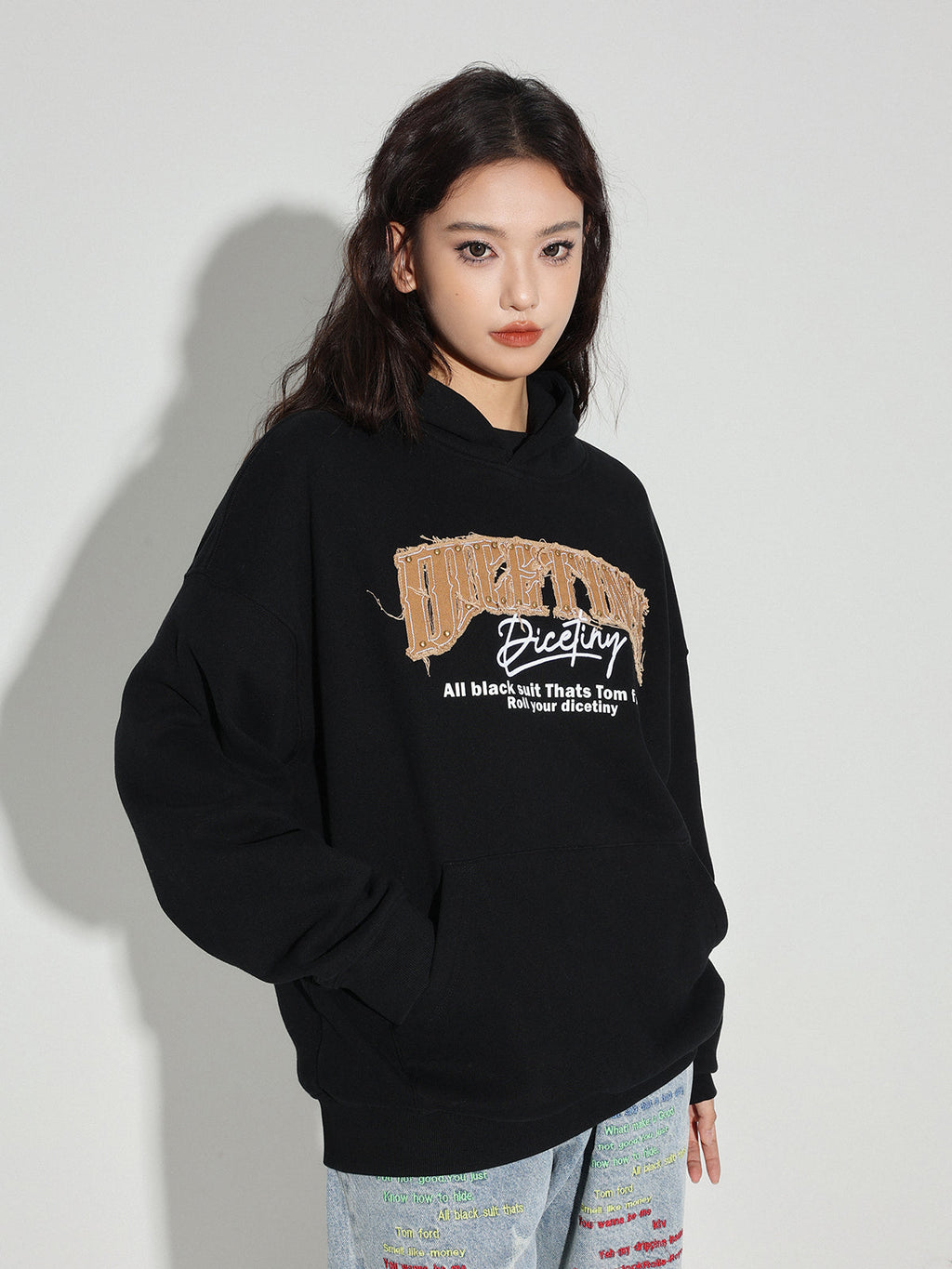DICETINY Denim Patch Logo Studs Hoodie