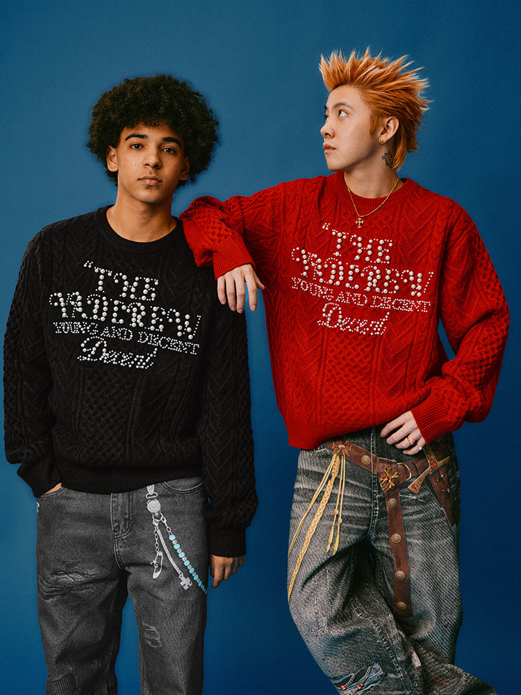 YADcrew Pearl Text Typography Knit Sweater