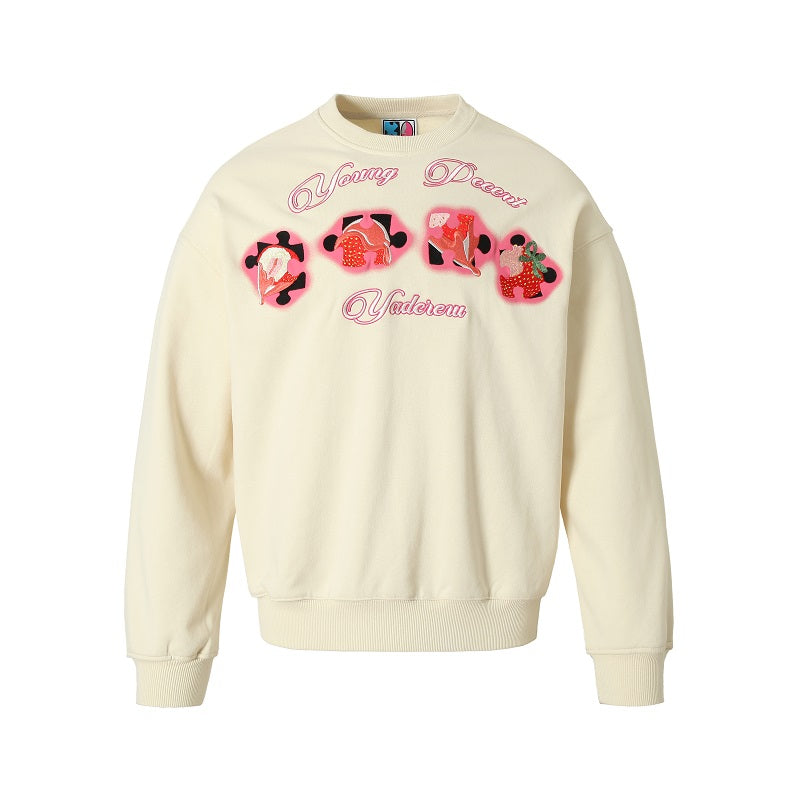 YADcrew Cream Strawberry Puzzle 3D Embroidery Sweatshirt