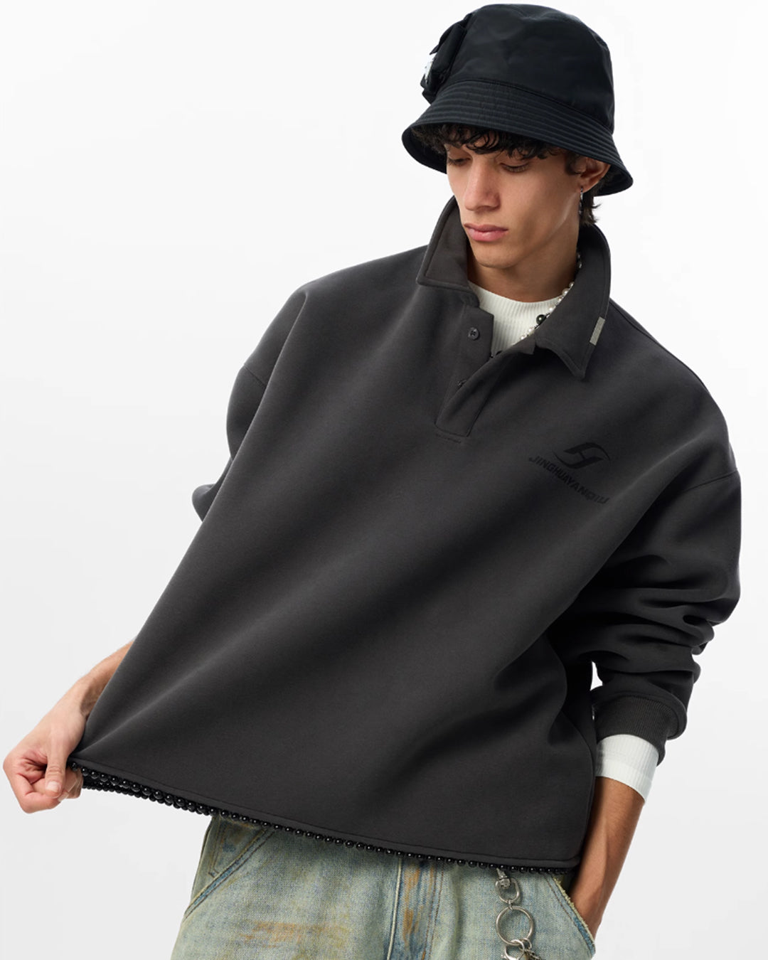 JHYQ Beaded Hem Polo-Collared Cropped Sweatshirt