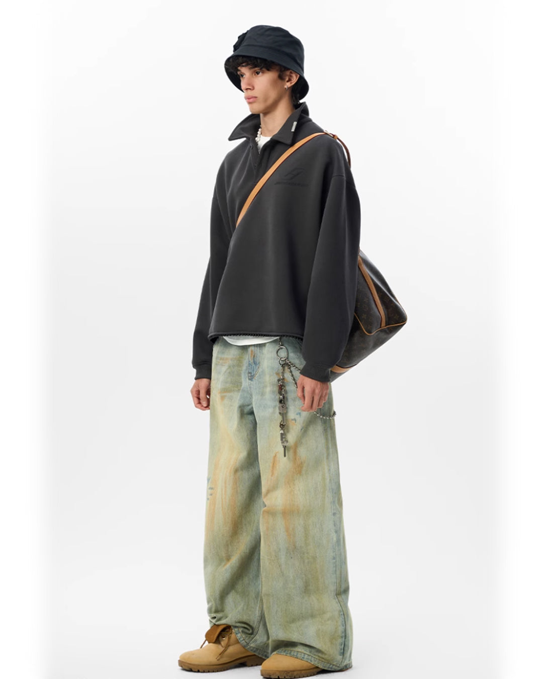 JHYQ Beaded Hem Polo-Collared Cropped Sweatshirt