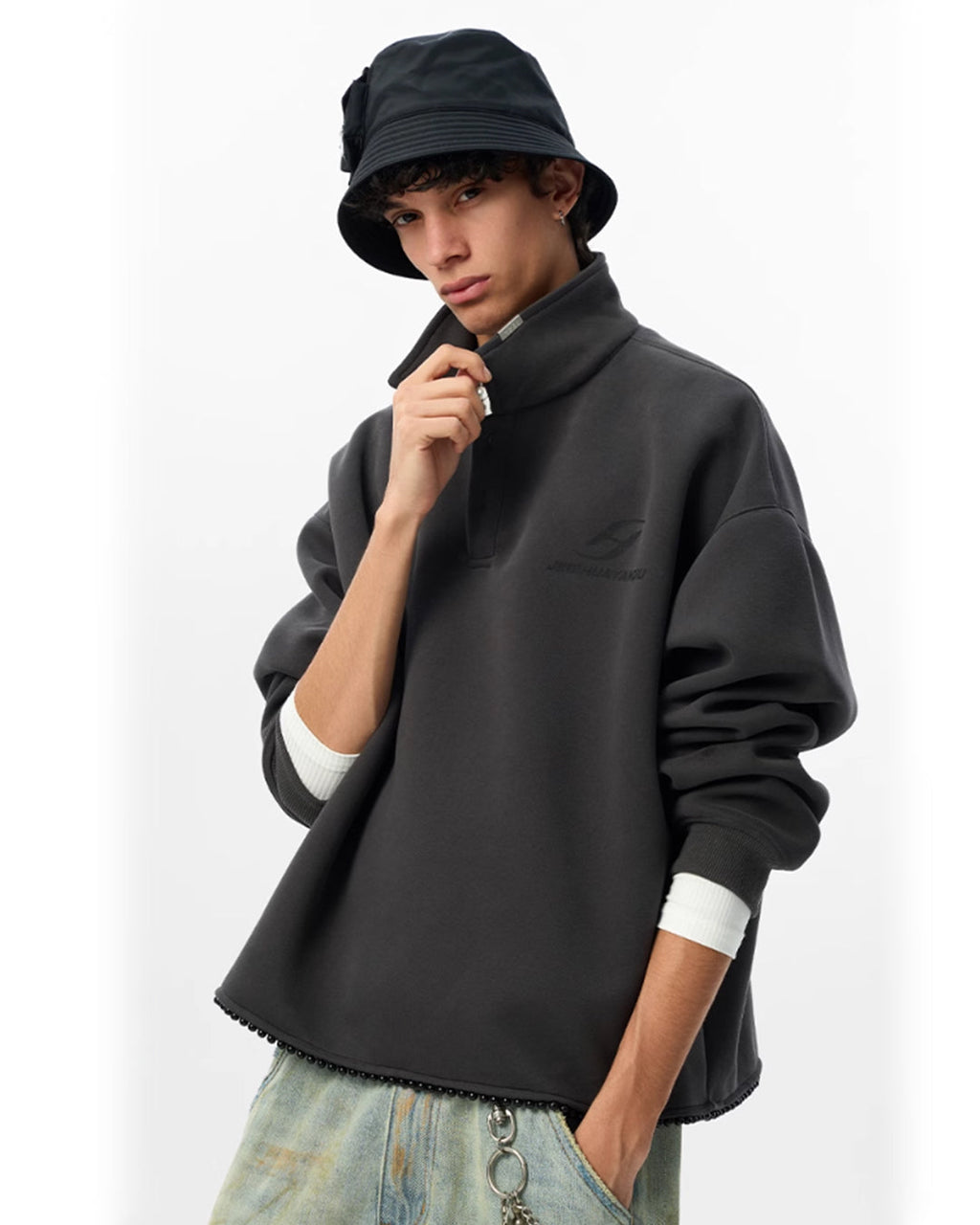 JHYQ Beaded Hem Polo-Collared Cropped Sweatshirt