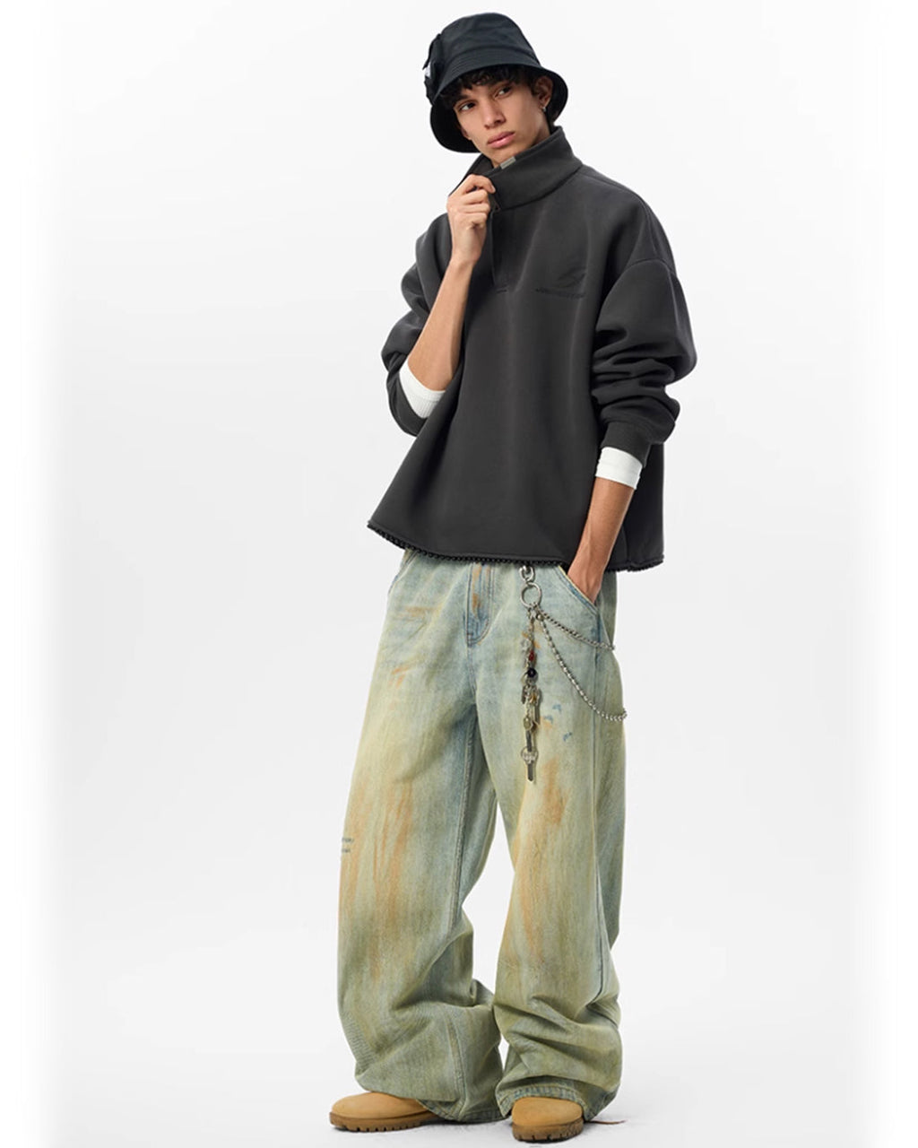 JHYQ Beaded Hem Polo-Collared Cropped Sweatshirt