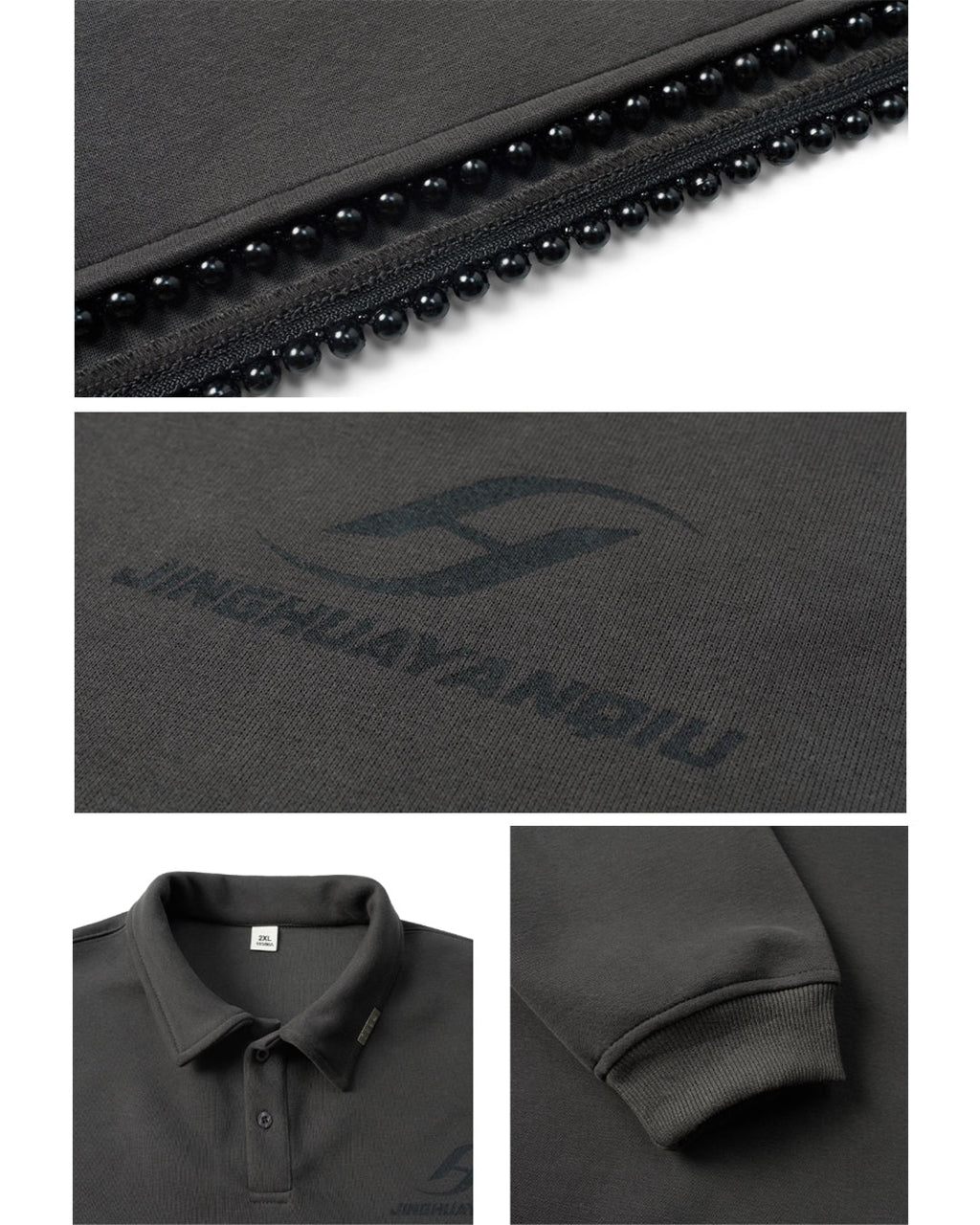 JHYQ Beaded Hem Polo-Collared Cropped Sweatshirt