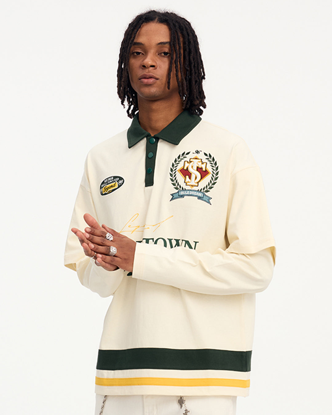 Small Town Kid 3D Embroidered Badge Fake Two-Piece Long-Sleeve Polo