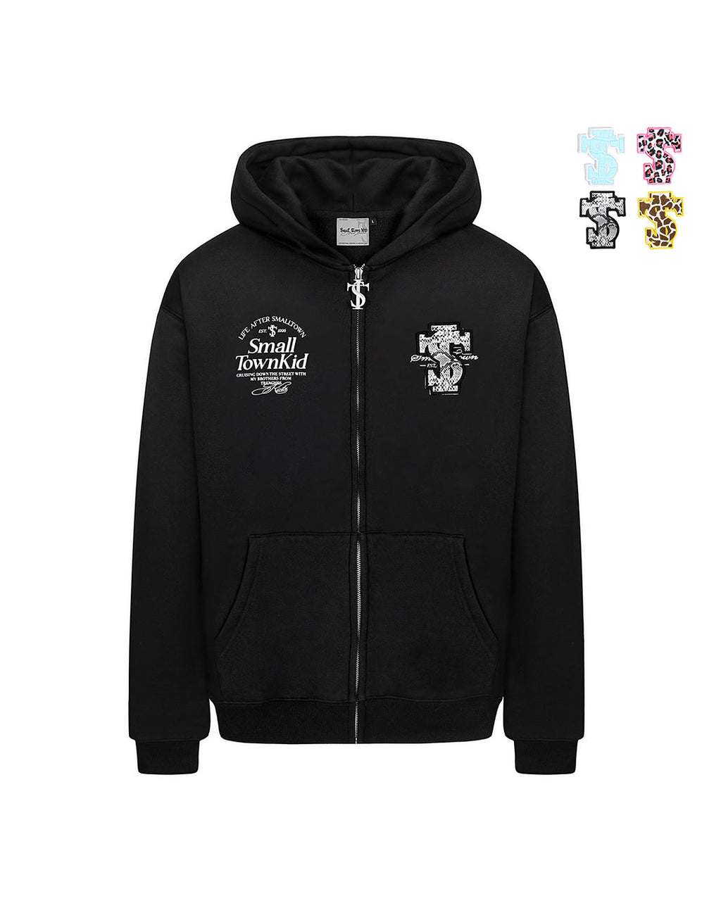 Small Town Kid Animal Textured Logo Velcro Zip-Up Hoodie