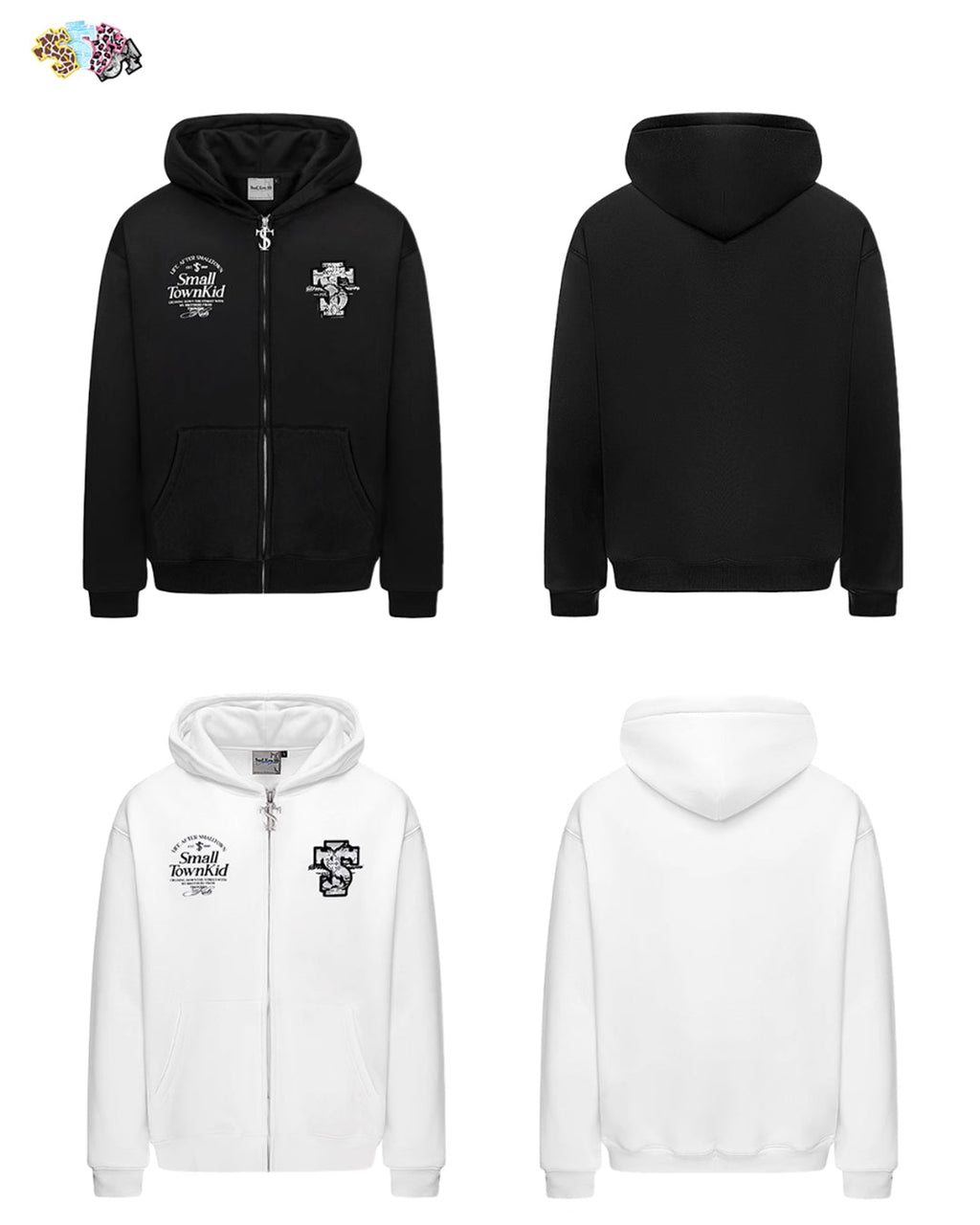 Small Town Kid Animal Textured Logo Velcro Zip-Up Hoodie