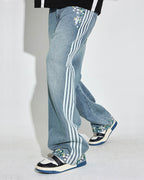 DICETINY Side Striped Floral Embroidered Washed Jeans